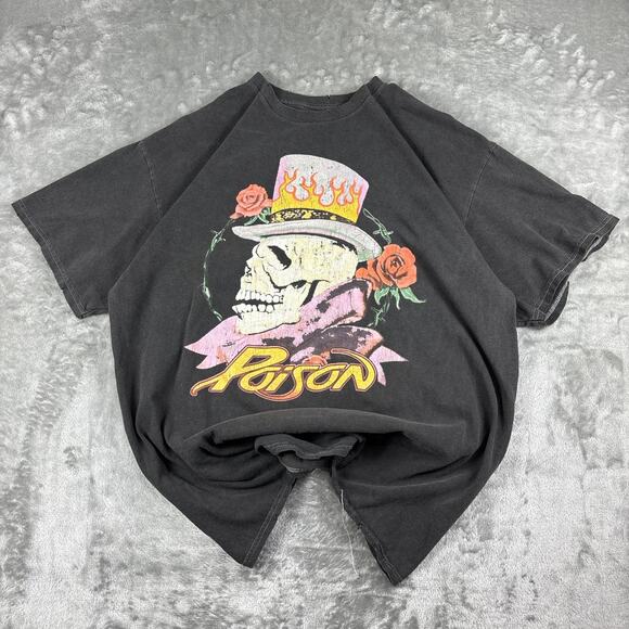 poison Other - Poison Men's Glam Metal Band Gray Skull/Roses Retro Classic T-Shirt Tee Sz L